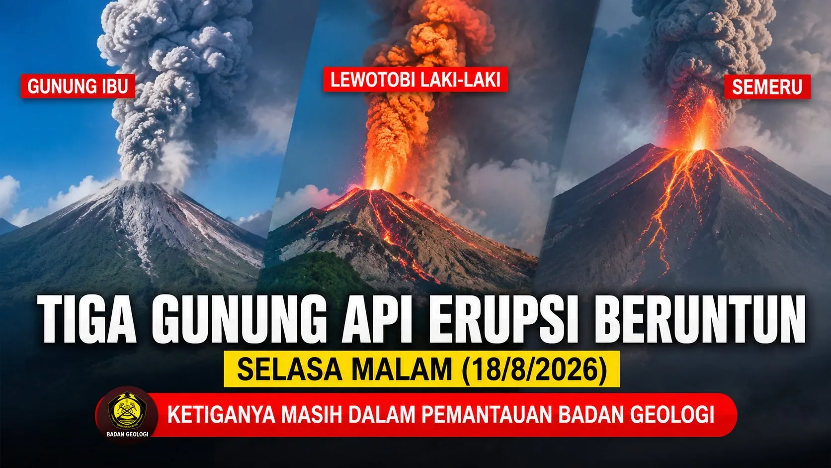 Tiga Gunung Api Erupsi Beruntun Malam Ini, Gunung Ibu hingga Semeru Berstatus Siaga