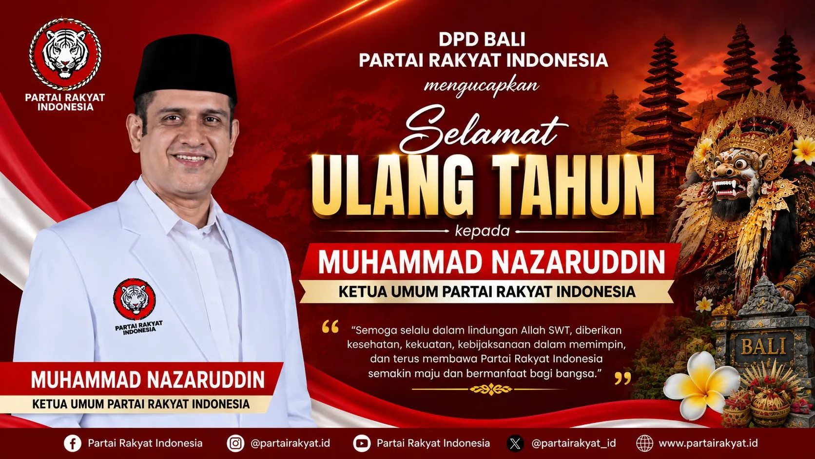 Sampaikan Doa dan Harapan Bestari, DPD PRI Bali Ucapkan Selamat Ulang Tahun kepada Ketua Umum Muhammad Nazaruddin