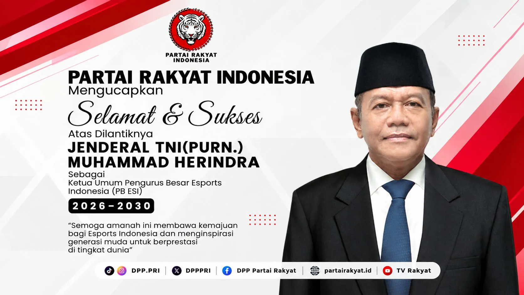 Partai Rakyat Indonesia Ucapkan Selamat atas Dilantiknya Muhammad Herindra sebagai Ketua Umum PB ESI 2026–2030