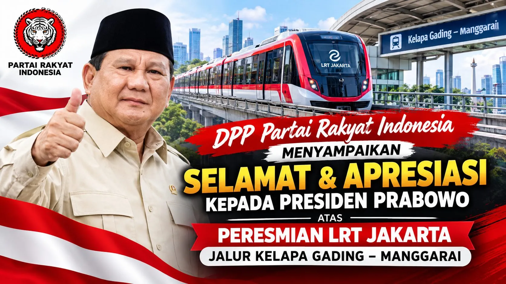 DPP Partai Rakyat Indonesia Sampaikan Selamat dan Apresiasi atas Peresmian LRT Jakarta Kelapa Gading–Manggarai
