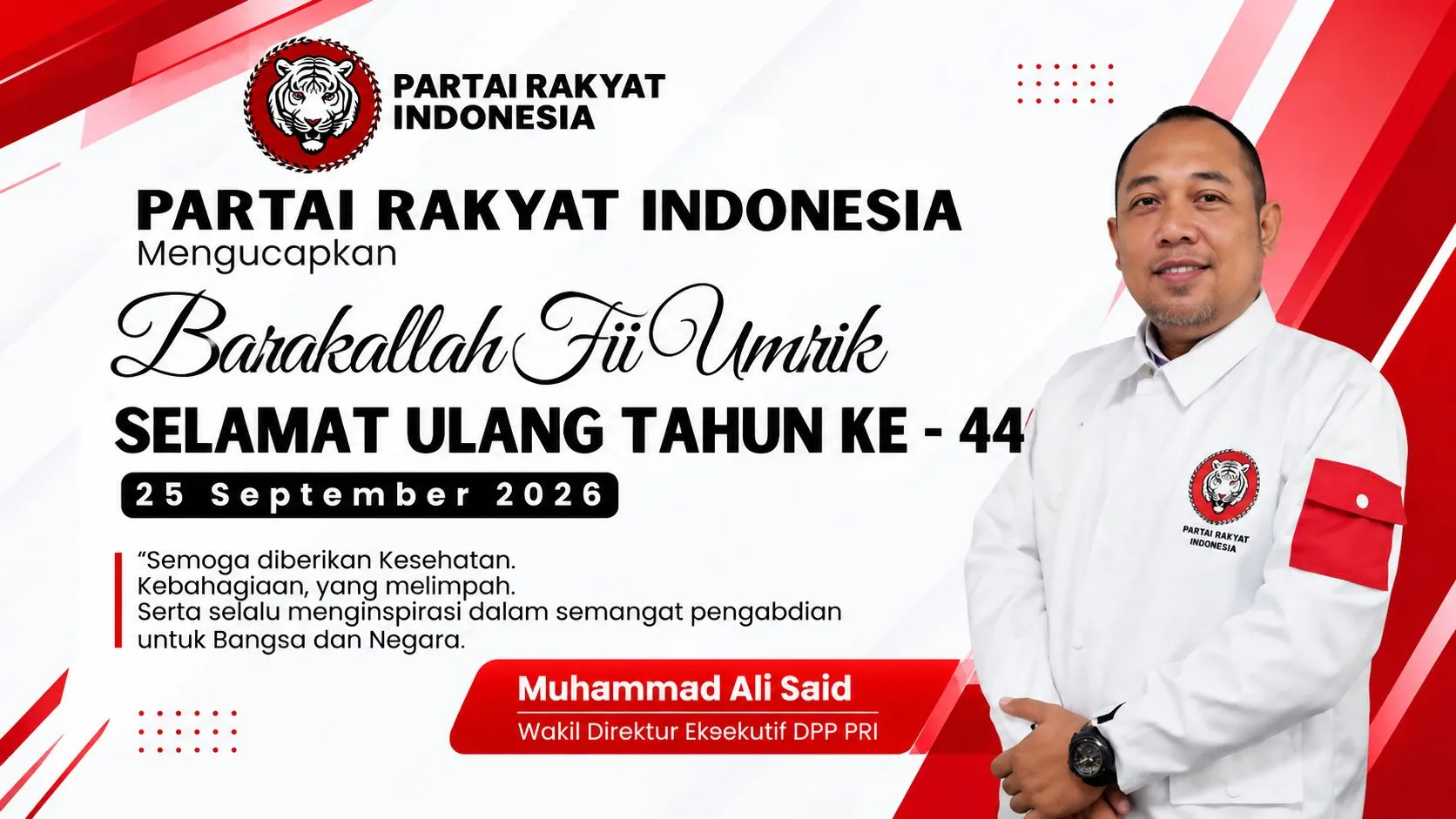 Partai Rakyat Indonesia Sampaikan Ucapan Selamat Ulang Tahun dan Apresiasi atas Pengabdian Muhammad Ali Said